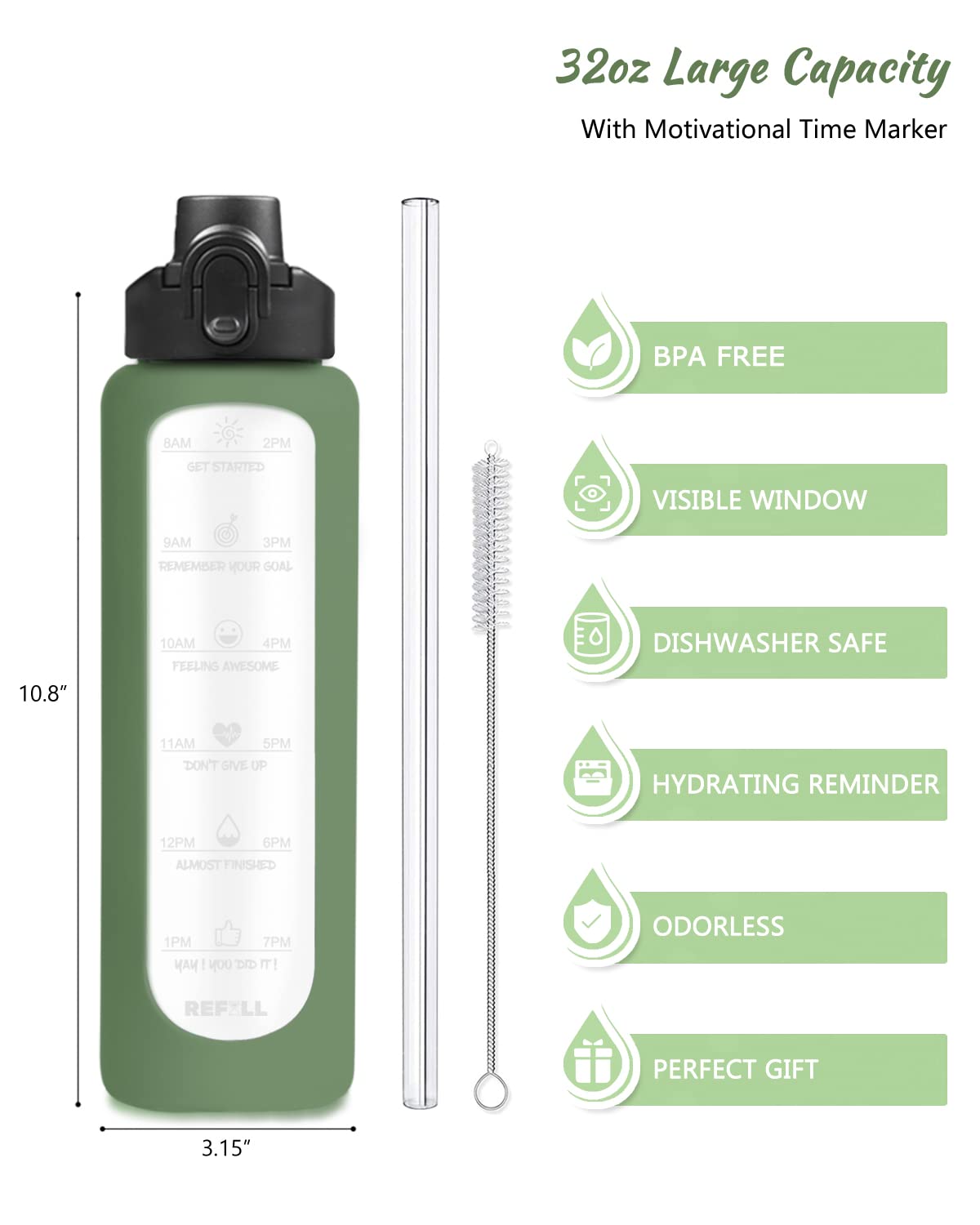Nefeeko 32 Oz Glass Water Bottles With Straw, Time Marker, Motivational 1 Liter Bpa Free Leakproof Reusable Glass Water Bottle W