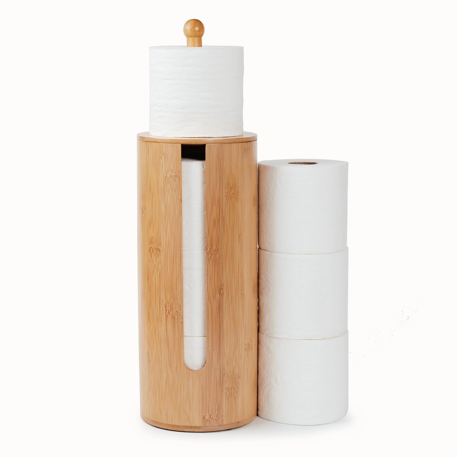Gobam Bamboo Toilet Paper Storage with Dual-Use Lid, Freestanding Bathroom Tissue Organizer with Viewing Slot, Built-In Handle,