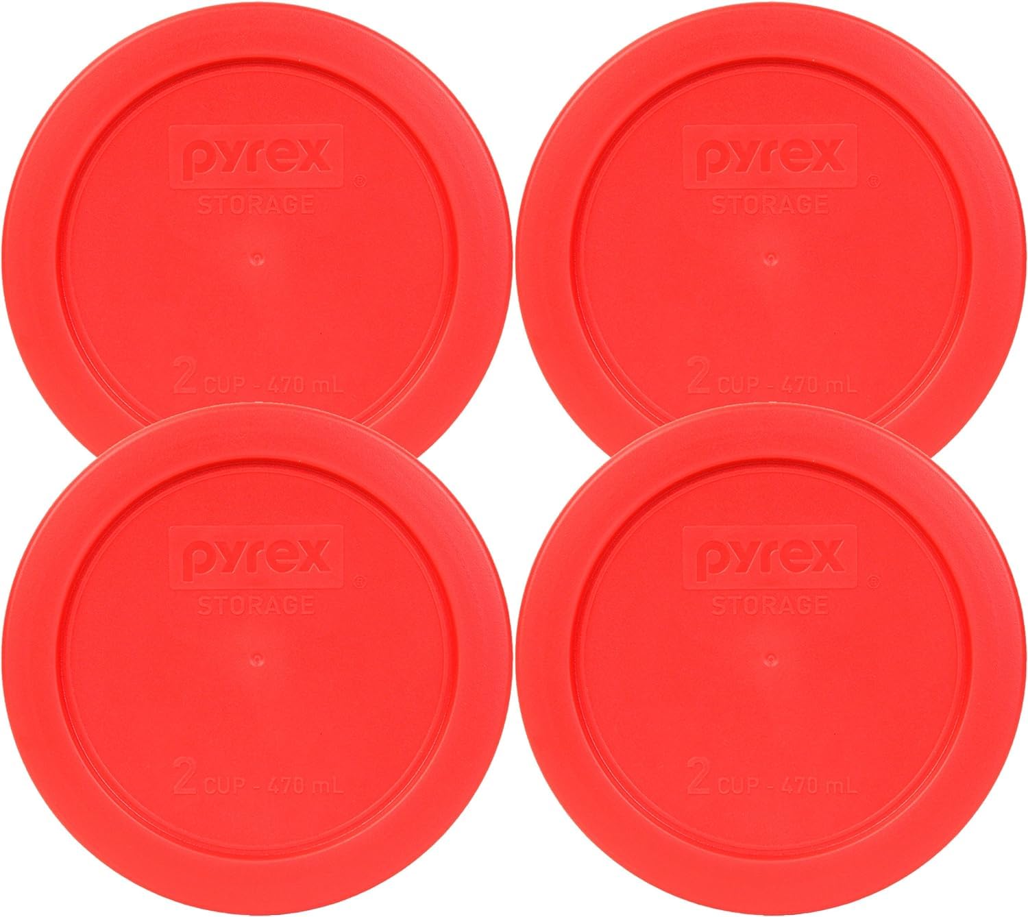 Pyrex 7200-Pc Red 2 Cup Round Plastic Food Storage Lid, Made In Usa - 4 Pack - Original Genuine Pyrex - Made In The Usa