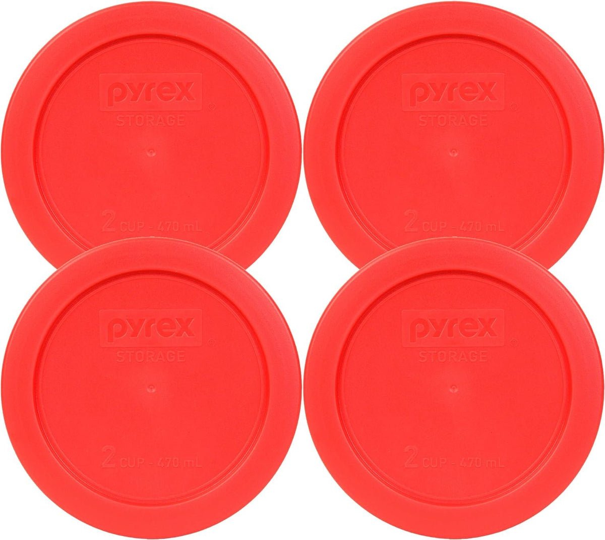 Pyrex 7200-Pc Red 2 Cup Round Plastic Food Storage Lid, Made In Usa - 4 Pack - Original Genuine Pyrex - Made In The Usa