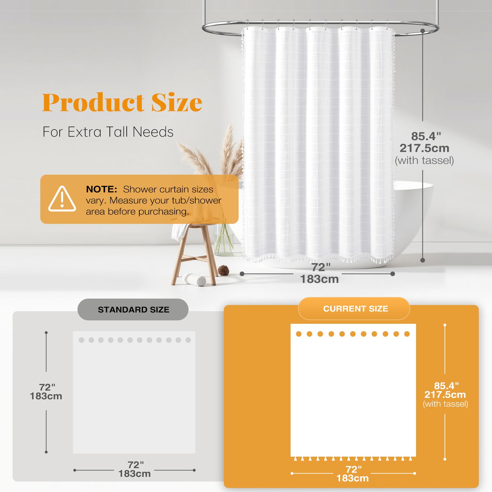 BTTN Extra Long Shower Curtain  72x84 Inch Long Boho Tassel Linen Fabric Thick Shower Curtain Set with Plastic Hooks  Large Modern Farmhouse Country Textured Cloth Shower Curtains for Bathroom  White