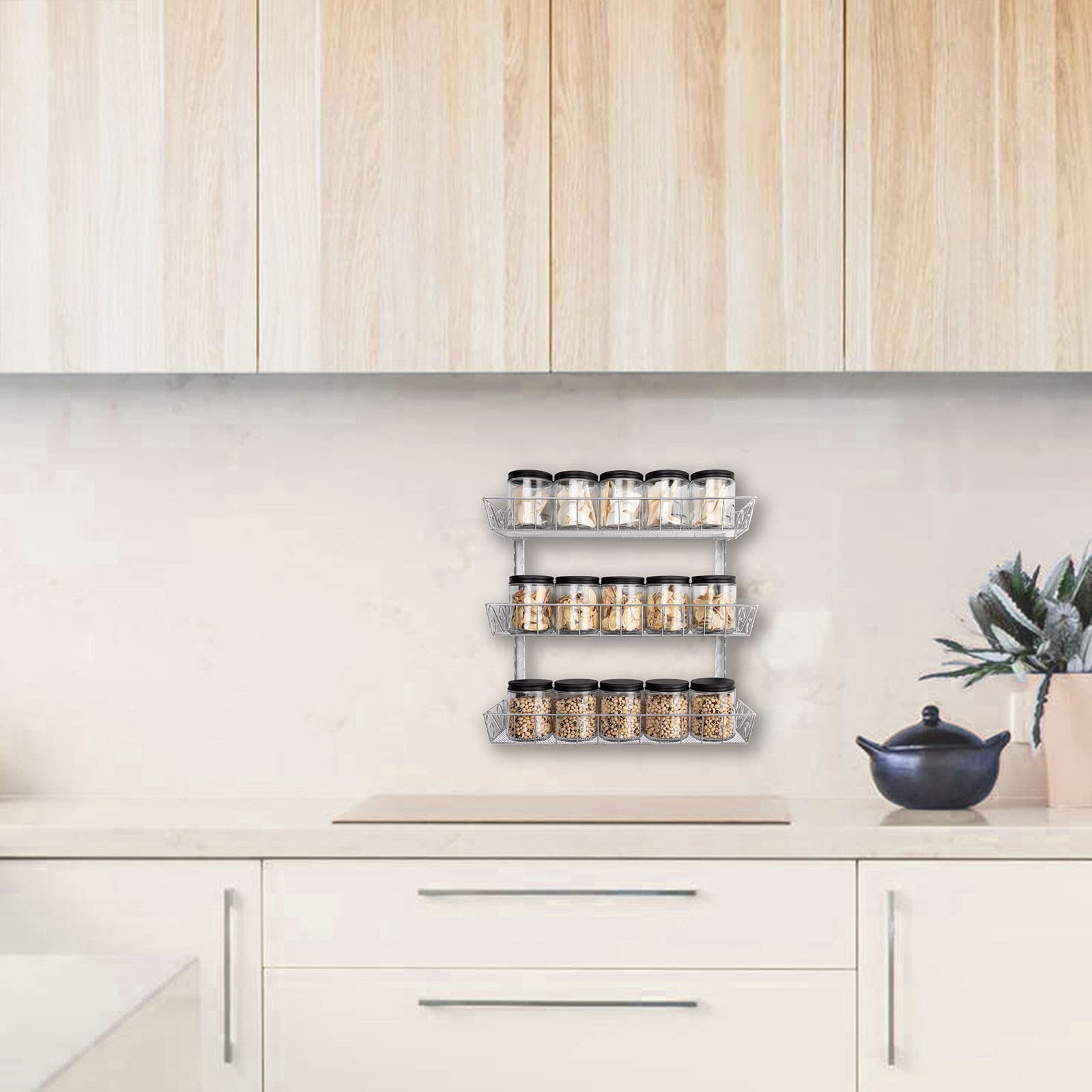 SWOMMOLY Adjustable Wall Mount Spice Rack, 3-Tier Dual-use (Multi-use) Organizer, Silver