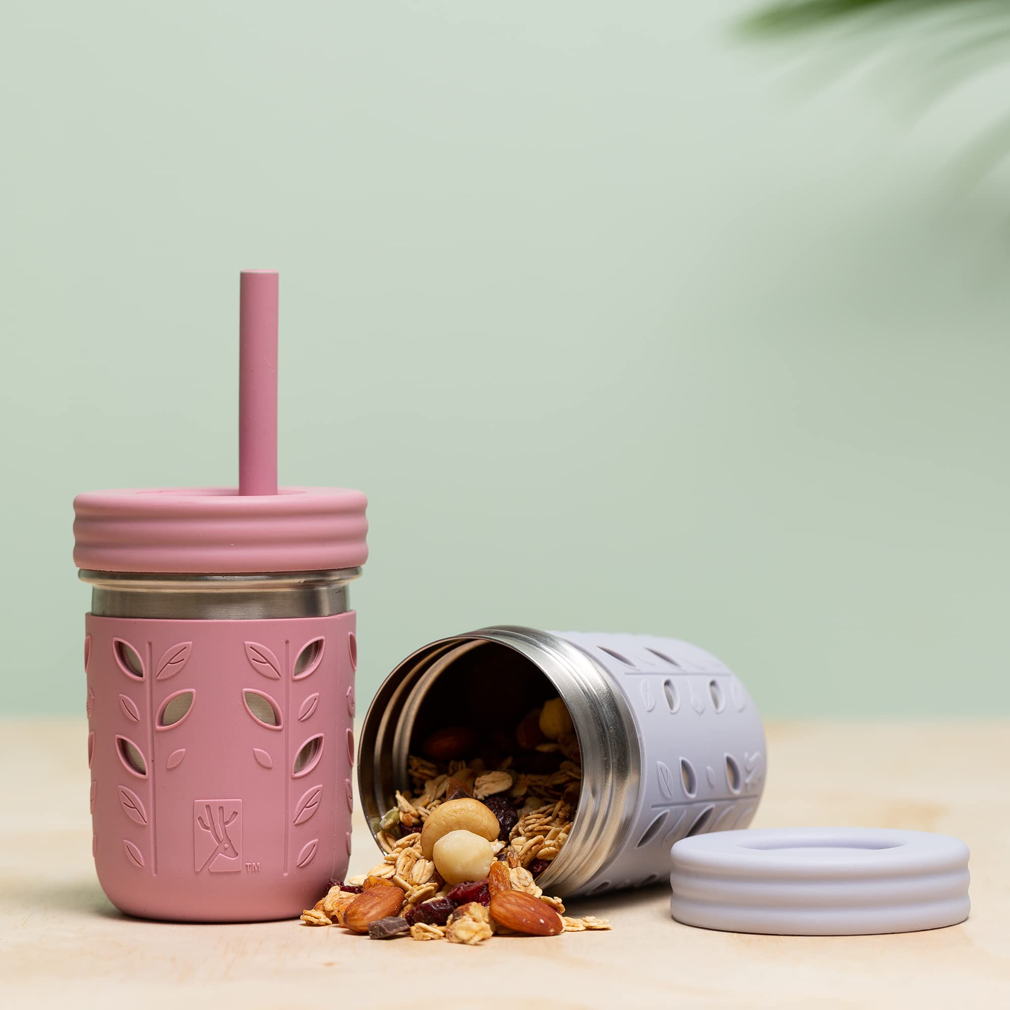 Elk And Friends Stainless Steel Cups | Mason Jar 10Oz | Kids & Toddler Cups With Silicone Sleeves & Straws With Stopper | Spill