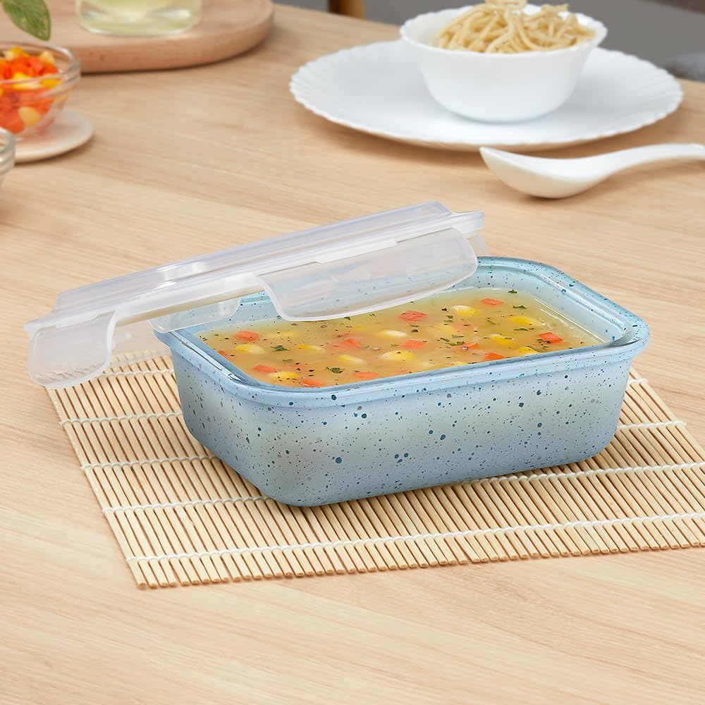 Borosil 640 Ml Blue Food Storage Container With Air Tight Lid | Rectangle Shape Borosilicate Glass Organiser | Microwave & Dishw