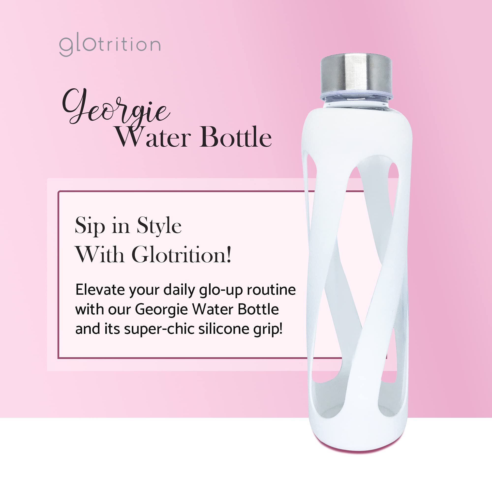 Glotrition Georgie Clear Glass Water Bottle With Silicone Grip, 20 Oz. - Reusable, Refillable, Durable - Modern Aesthetic For Th
