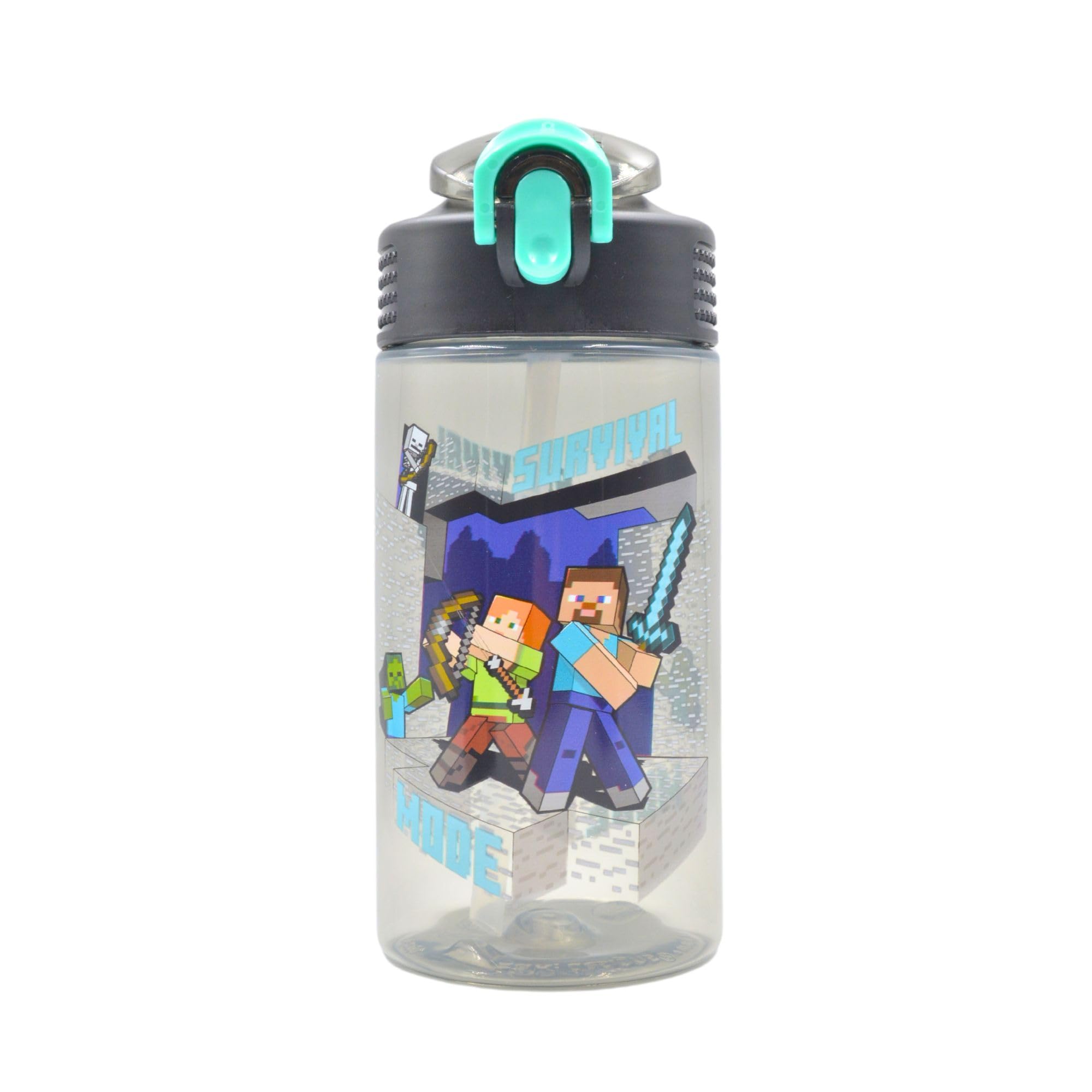 HOX Minecraft Reusable Drinks Bottle | BPAfree Plastic Lightweight Water Bottle with Carry Loop | Removable straw & spills Proo