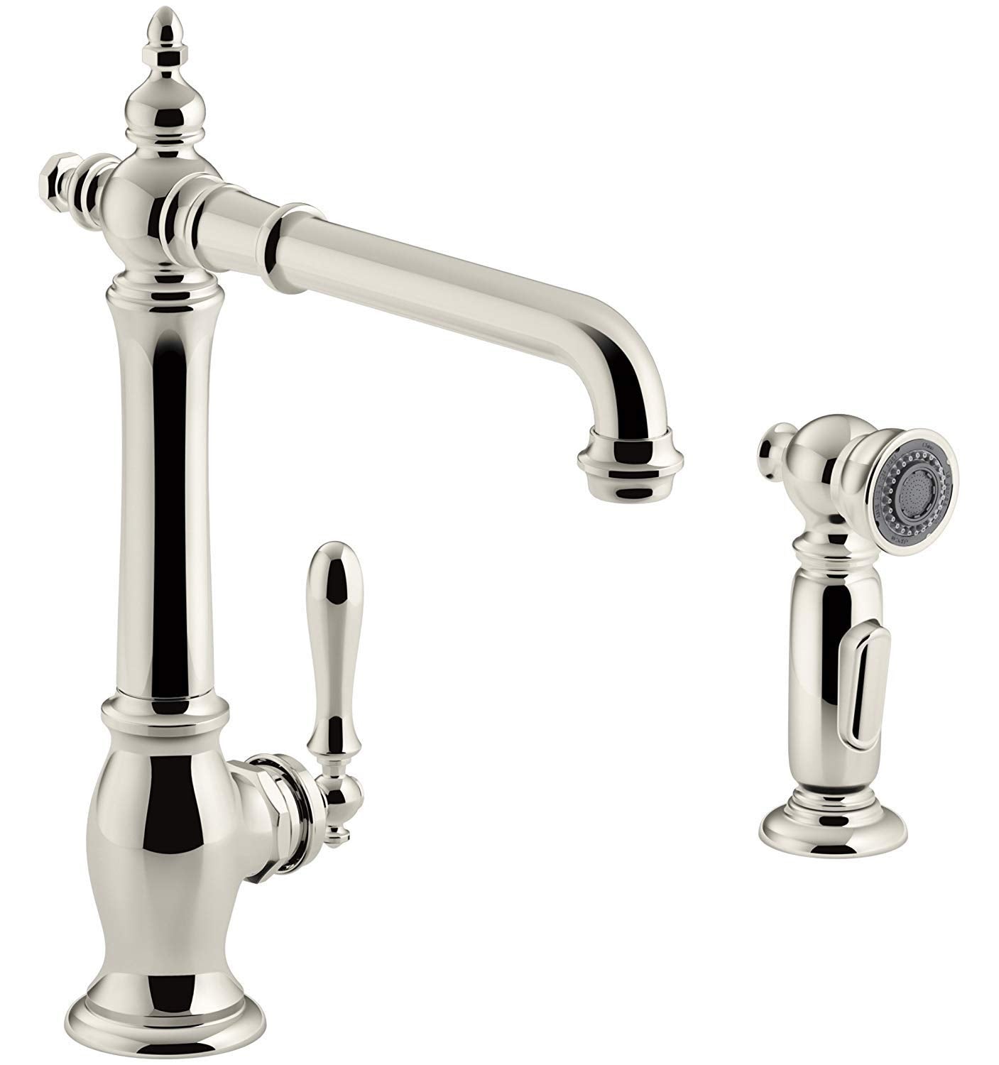 Kohler K-99265-SN Artifacts Single-Hole Kitchen Sink Faucet with 13-1/2 In. Swing Spout, Two-Function Sidespray, and Victorian S