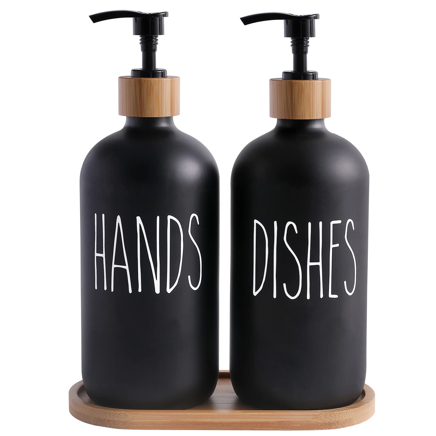 Momeemo Matte Black Glass Soap Dispenser Set - Hand And Dish Soap Dispensers Suitable For Rustic Kitchen Decor (Black)