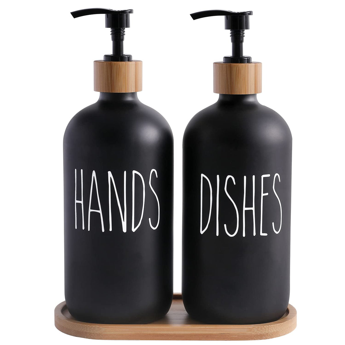 Momeemo Matte Black Glass Soap Dispenser Set - Hand And Dish Soap Dispensers Suitable For Rustic Kitchen Decor (Black)