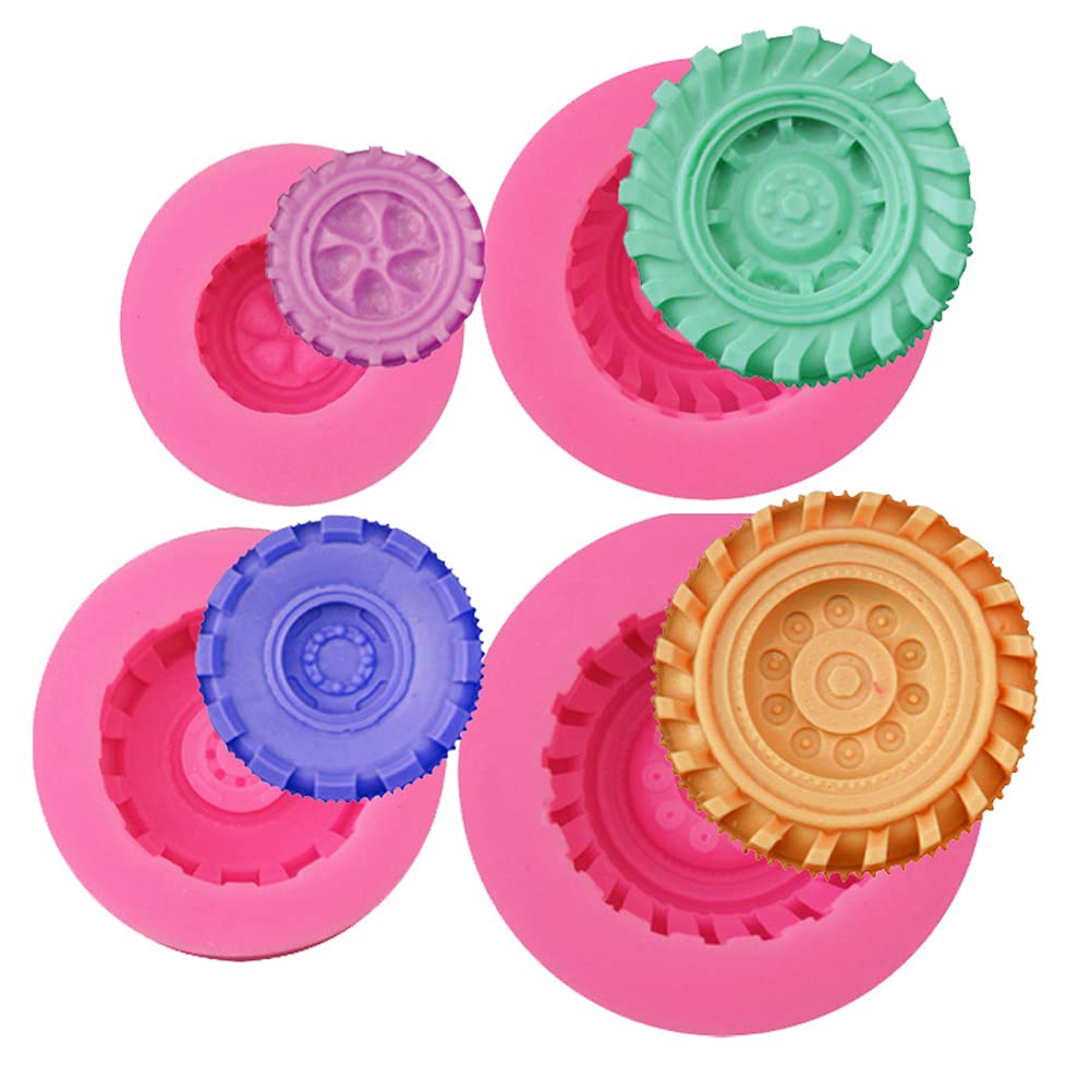 Cestony 4Pcs 3D Round Tire Truck Wheel Silicone Molds For Diy Cake Fondant Biscuit Cookies Soap Sugar Pudding Chocolate Hard Can
