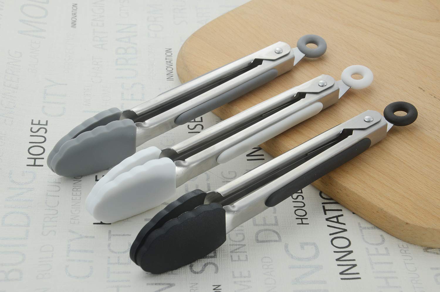 Hinmay Small Silicone Tongs 7-Inch Mini Serving Tongs, Set Of 3 (Black White Gray)