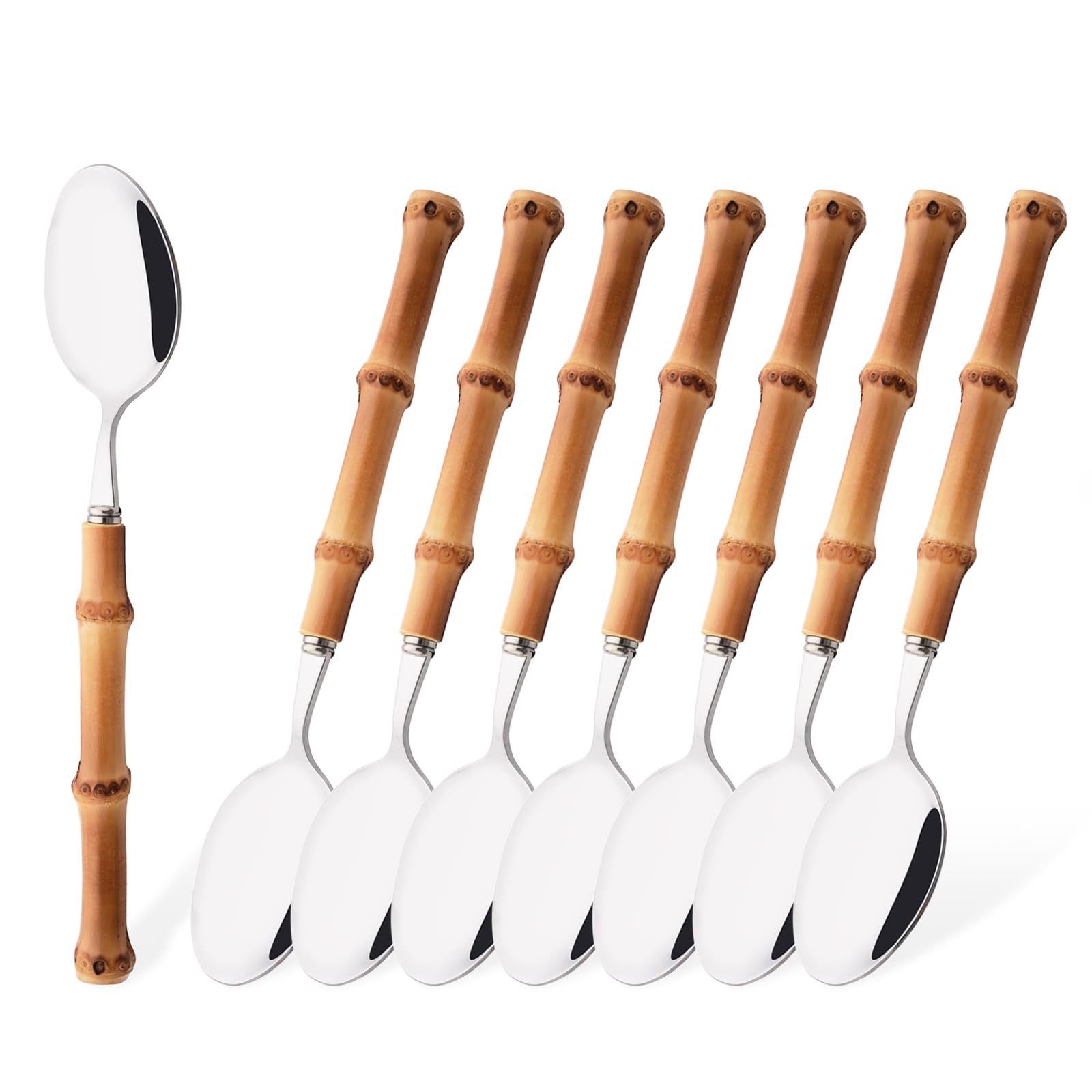Uniturcky 8-Piece Natural Bamboo Dinner Spoon Set, Stainless Steel Spoons With Bamboo Handle For Home Kitchen Restaurant, Mirror