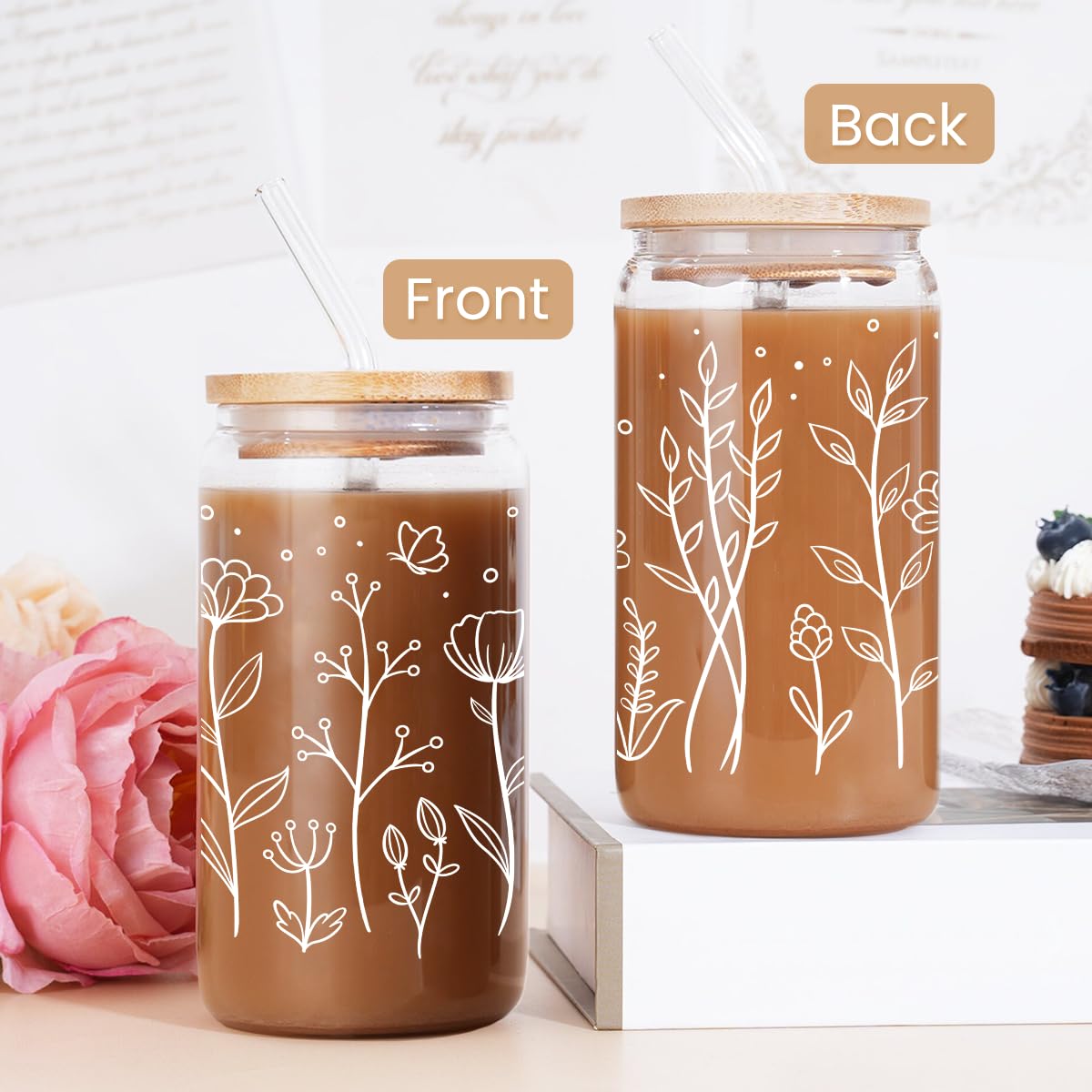 Floral Cup 16 Oz Can Glass with Bamboo Lid and Straw - Flower Glass Cup Gifts for Women - Wildflower Drinking Coffee Gifts