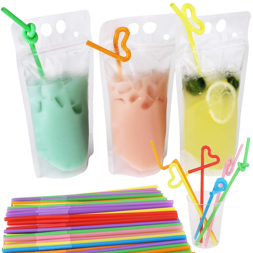 Belinlen 200 Pack 9.1 X 5.2 Inch/17 Ounce 8Mil Clear Drink Pouches With Heavy Duty Hand-Held Translucent Reclosable Zipper Stand