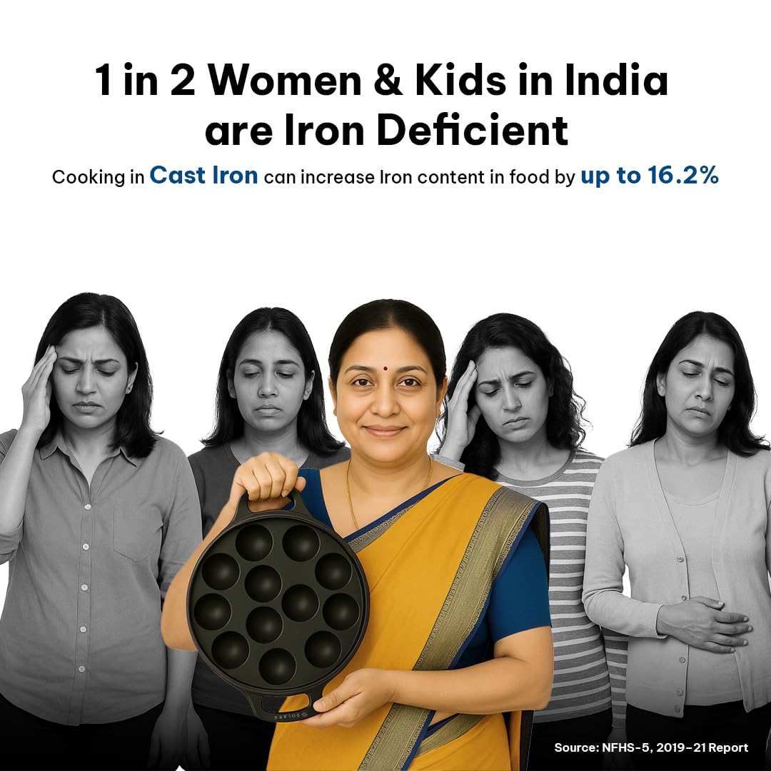 SOLARA Pre Seasoned Cast Iron Paniyaram Pan 12 Cavities 8 Inch, 20 cm Appam Patra, Paniyarakkal Pan for Appe, Gunta Ponganalu, P