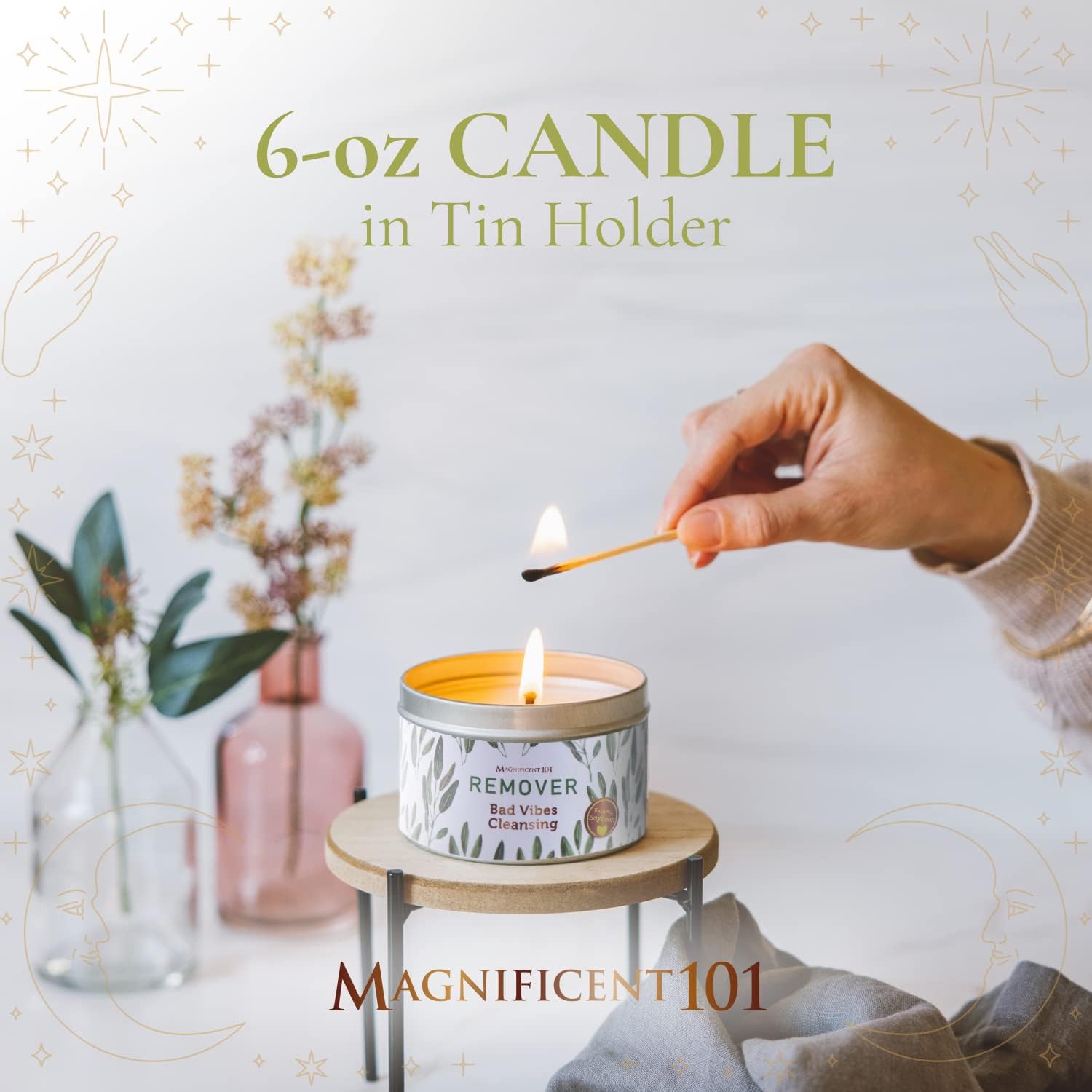 Magnificent 101 Bad Vibes Remover Aromatherapy Candle in 6-oz. Tin Holder: 100% Natural Soy Wax with Pure Sage Leaves & Essentia