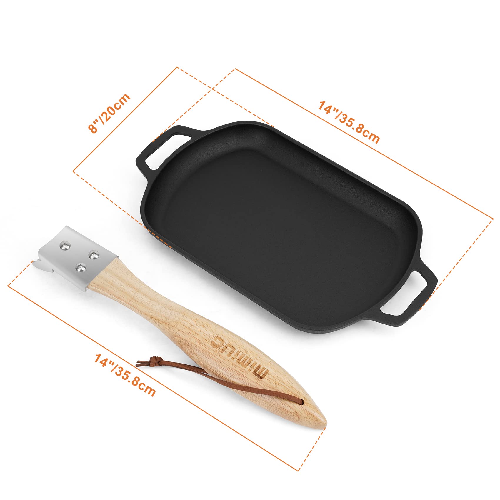 Mimiuo Cast Iron Sizzler Pan For Pizza Oven And Grill, 14 Inch Non-Stick Sizzling Fajita Skillet Rectangular Griddle Pan With Re