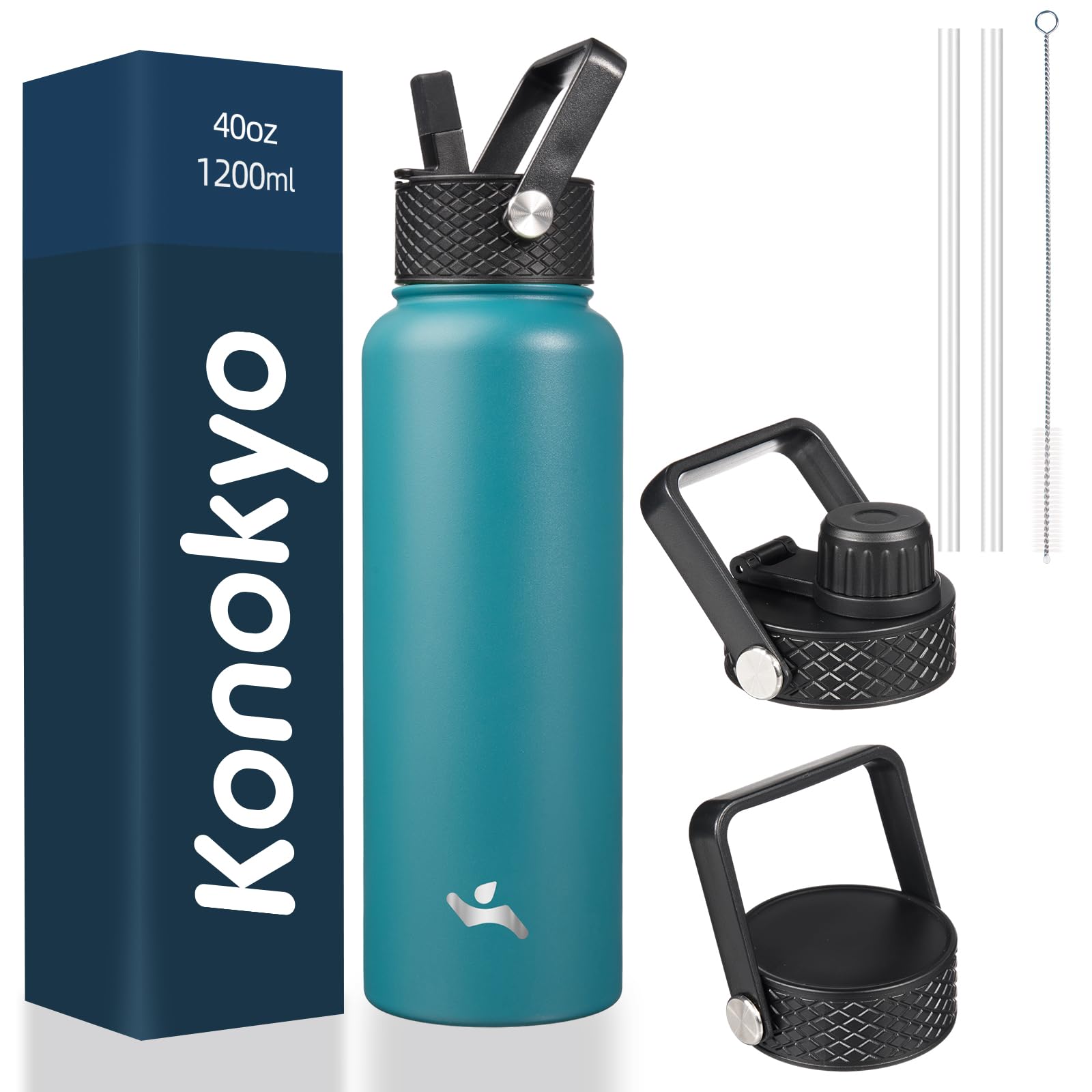 Konokyo 40oz Insulated Water Bottle Stainless Steel Sport Bottles with 3 Lids,Light Blue