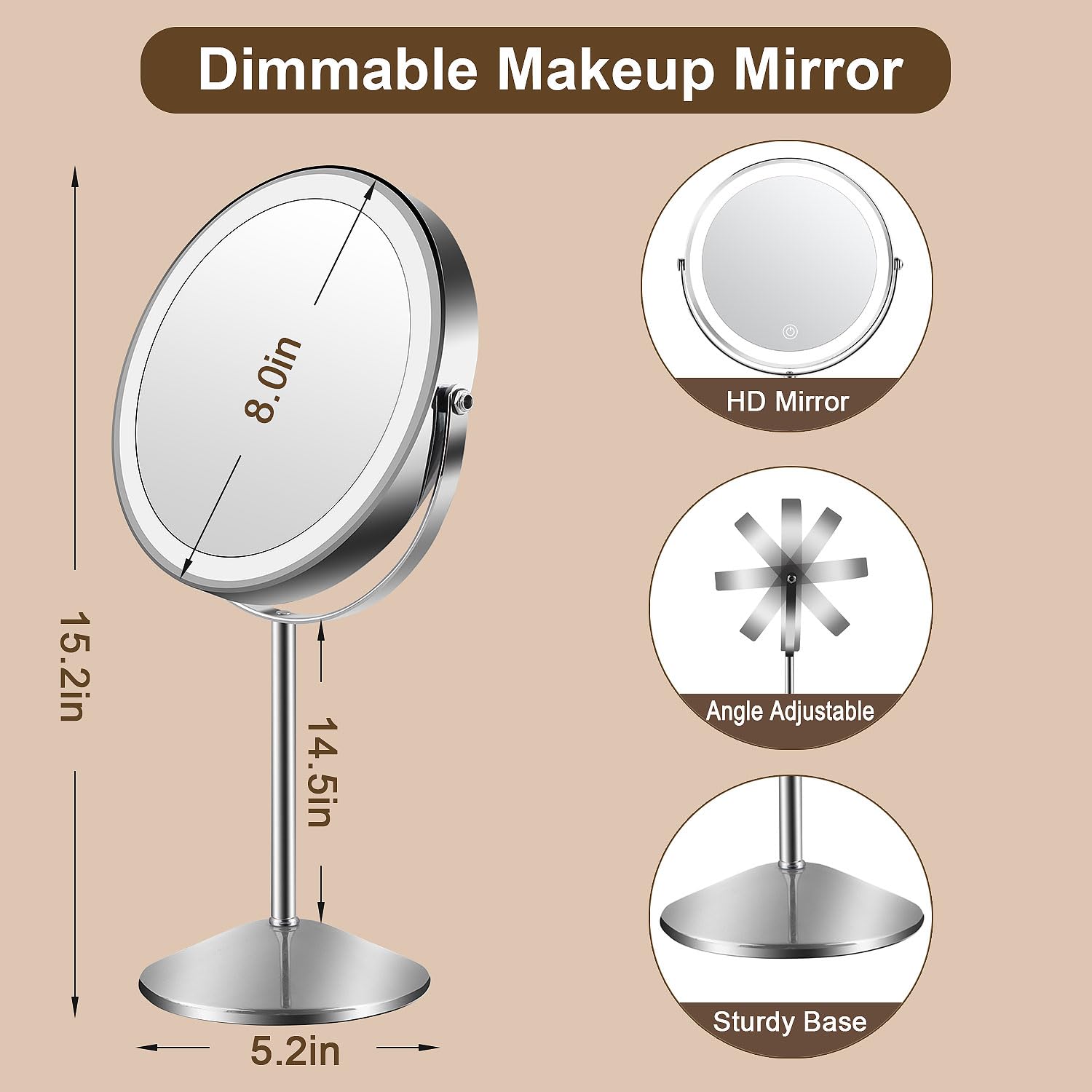 Flymiro Lighted Makeup Mirror,1x/10x Magnifying Vanity Mirror with Light,3000 mAh Rechargeable 2-Sided 8 Round Mirror,3 Colors B