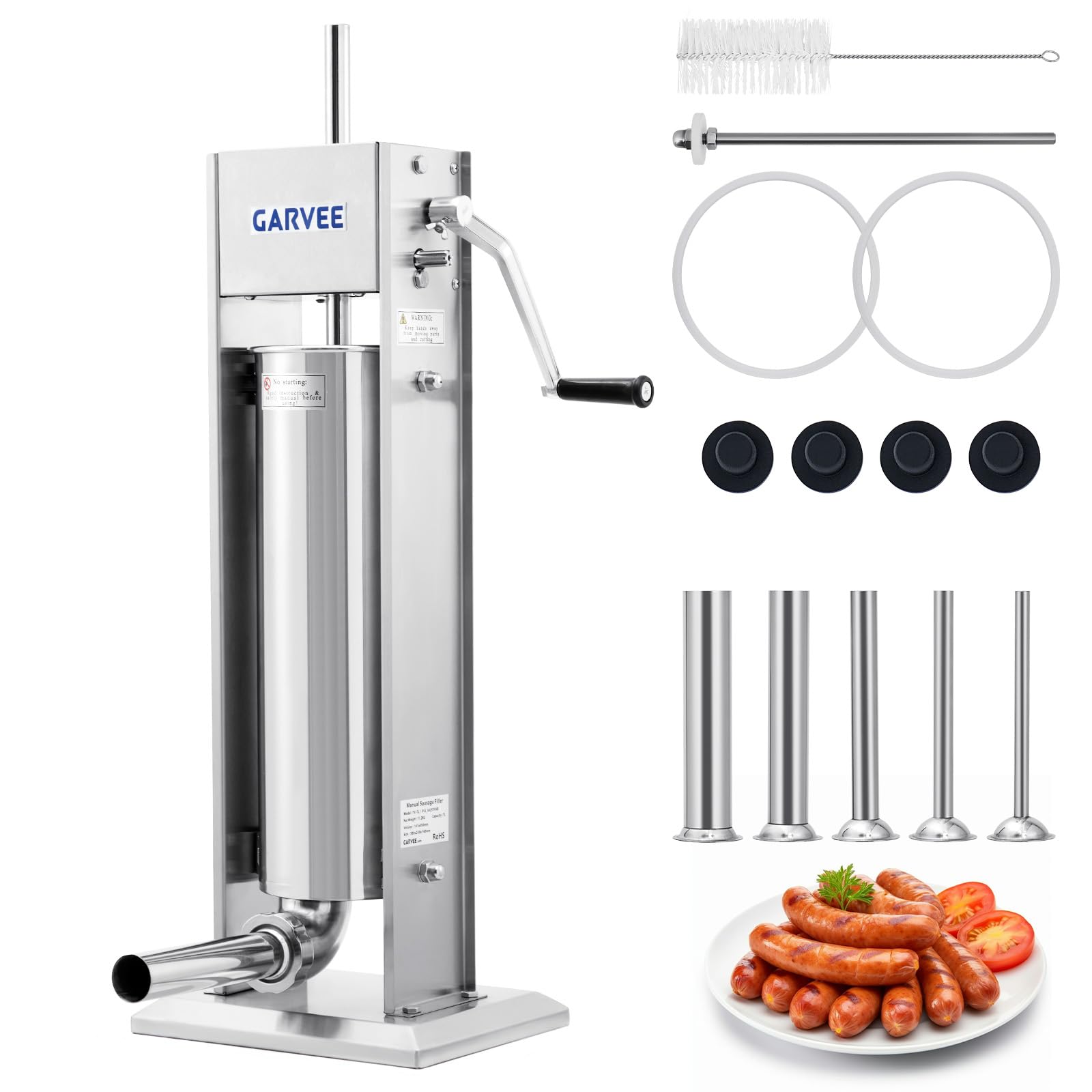 GarveeTech 11LBS/5L Sausage Stuffer, Manual Sausage Maker with 2-Speed Gear & Torque Adjustment, Sausage Stuffer Machine with 5 