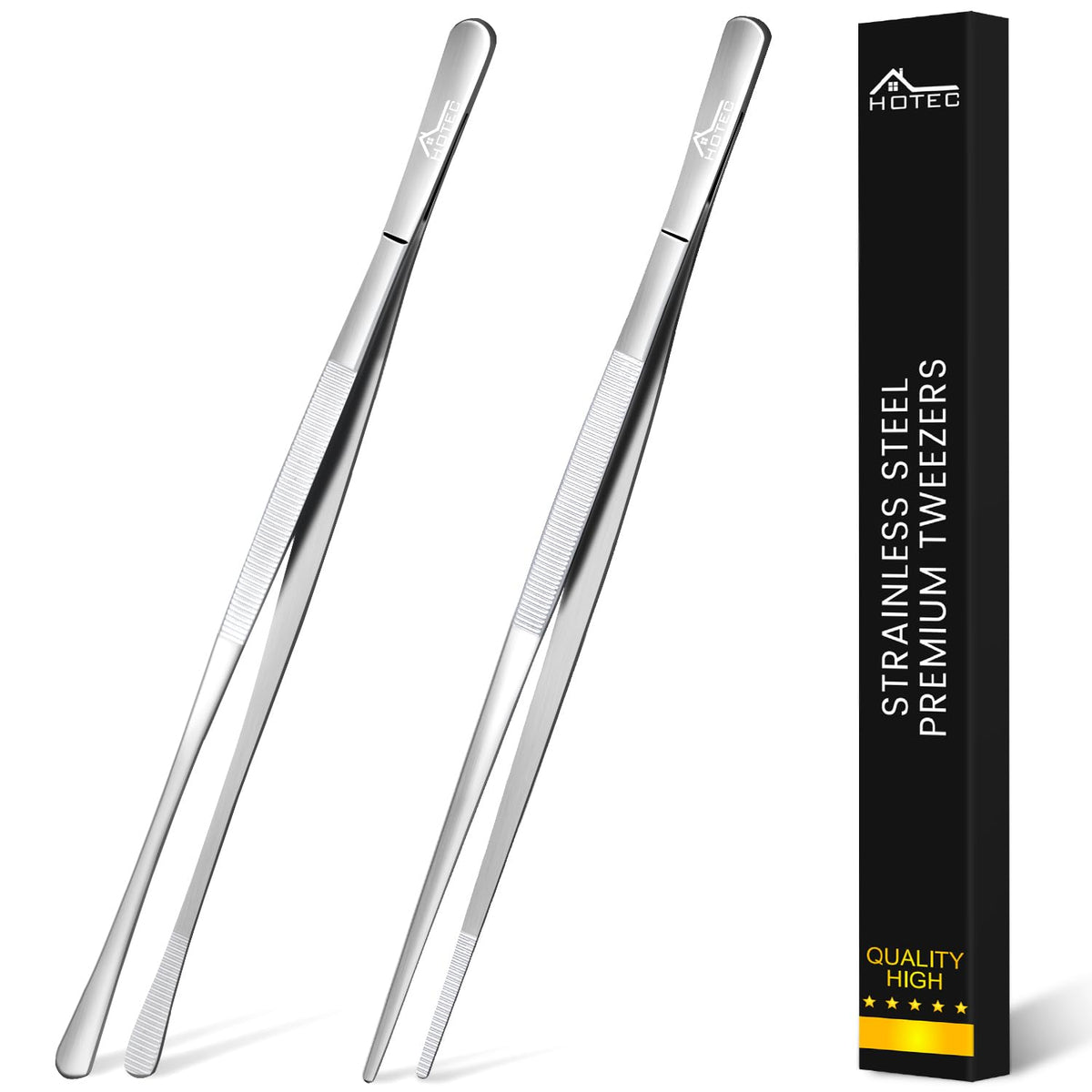 Hotec Kitchen Tweezers Stainless Steel Fine Kitchen Tongs For Cooking, Extra-Long Kitchen Tweezers Food Tongs, Set Of 2-12Inch