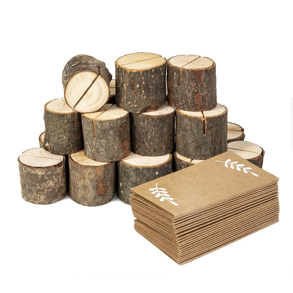 Jofefe 20Pcs Wood Place Card Holders And 24Pcs Kraft Table Place Cards, Rustic Table Number Holders, Food Labels, Name Card Phot