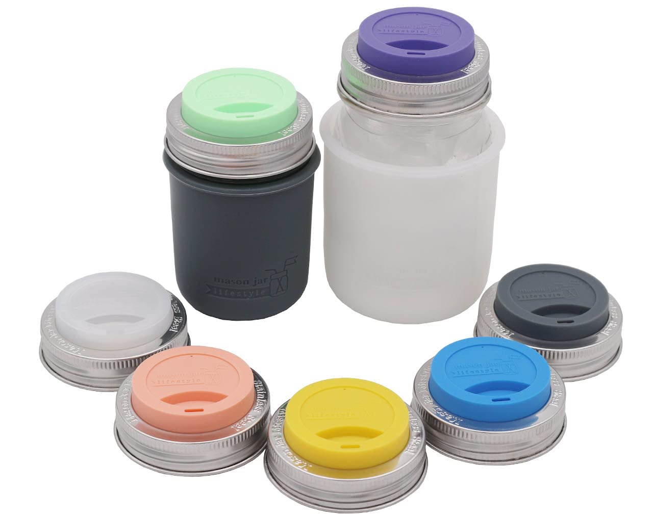 Silicone Drinking Lids With Rust Proof Stainless Steel Bands By Mason Jar Lifestyle (2 Pack, Lemon Yellow, Regular Mouth)
