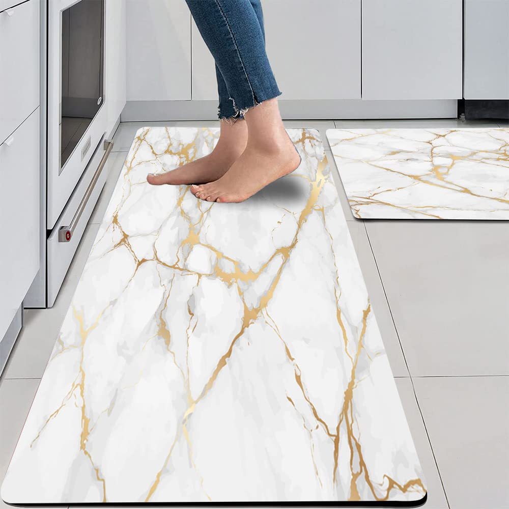 Mrcrypos Gold White Kitchen Rugs Cushioned Anti Fatigue 2 Pcs Marble Kitchen Mats Pvc Non Slip Waterproof Kitchen Mats For Floor