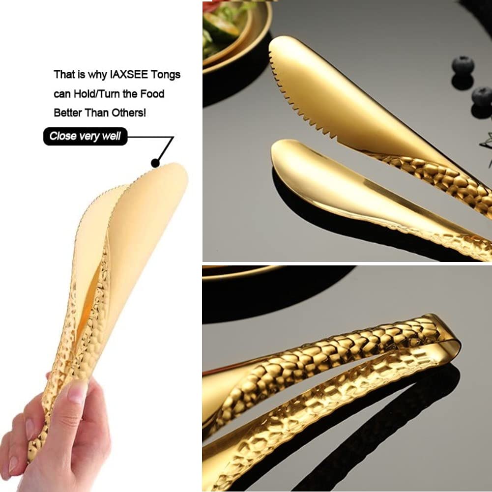 Iaxsee 2 Pack 8 Inch Gold Salad Tongs Serving Tongs 8 Inch Stainless Steel Cooking Utensils Non-Slip & Easy Grip Metal Tongs Sma