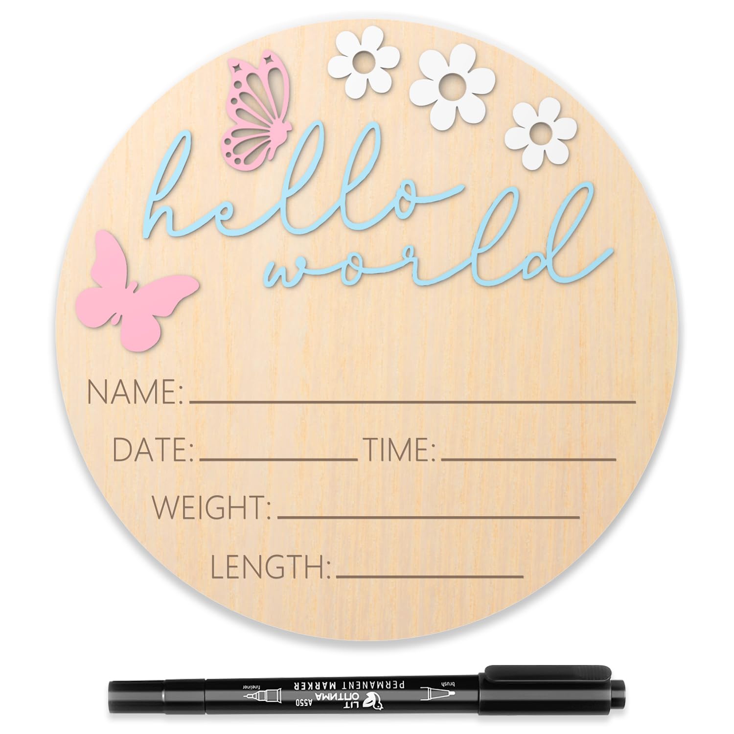 Baby Announcement Sign, 5.9 Inch Hello World Newborn Sign for Hospital, Newborn Photography Props for Nursery, Butterfly Welcome