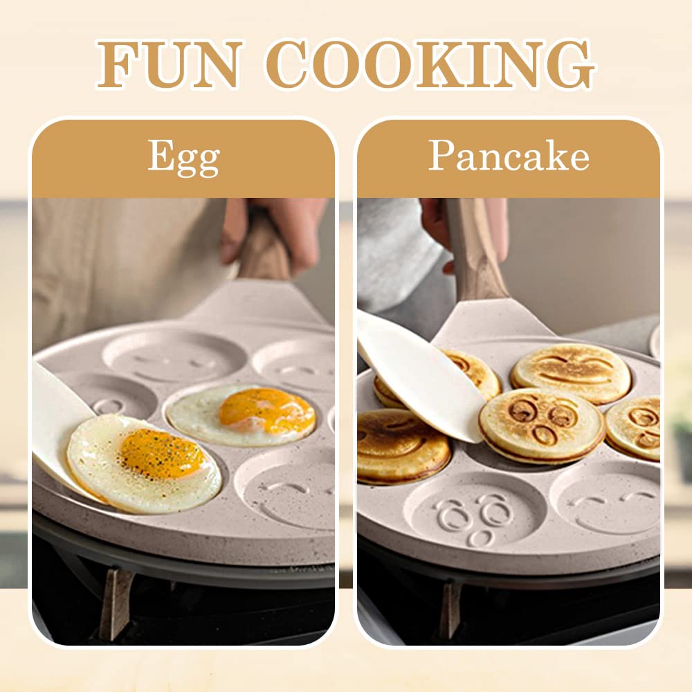 Bobikuke Smiley Face Pancake Pan - 10 Inch Mini Pancakes Maker With 7-Cup Mold Blini Pan Silver Dollar Pancake Pan Pancake Pan N