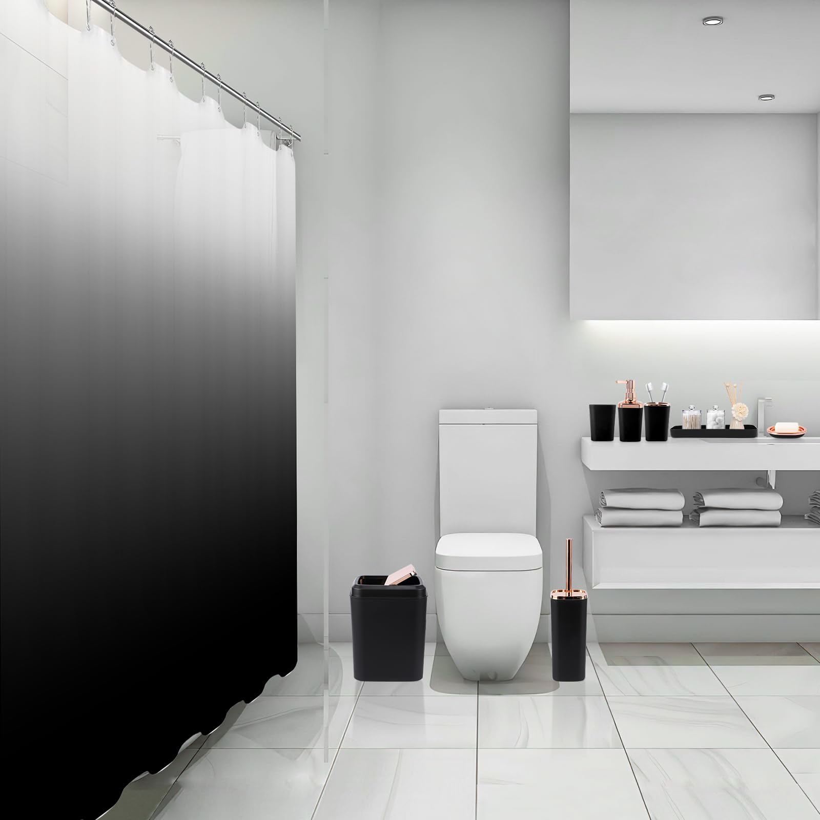 Bathroom Accessory Set - Bathroom Sets With Shower Curtain, Black Ombre Waterproof Shower Curtain With Stainless Steel Hooks, Ba