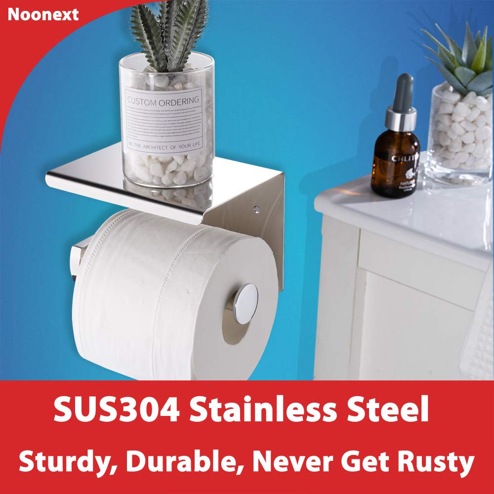 Toilet Paper Holder With Shelf Wall Mounted, Adhesive Toilet Paper Roll Holder, Stainless Steel Tissue Roll Dispenser Storage, A