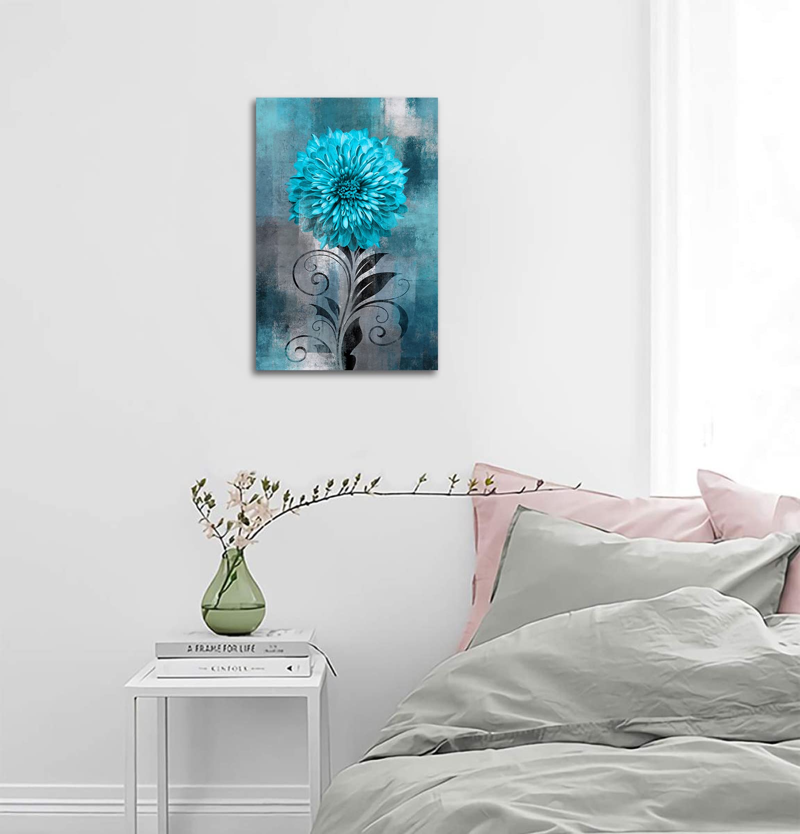 Abstract Flower Wall Art Teal Flowers Canvas Pictures Rustic Blossom Canvas Painting For Living Room Bedroom Wall Decor Modern T
