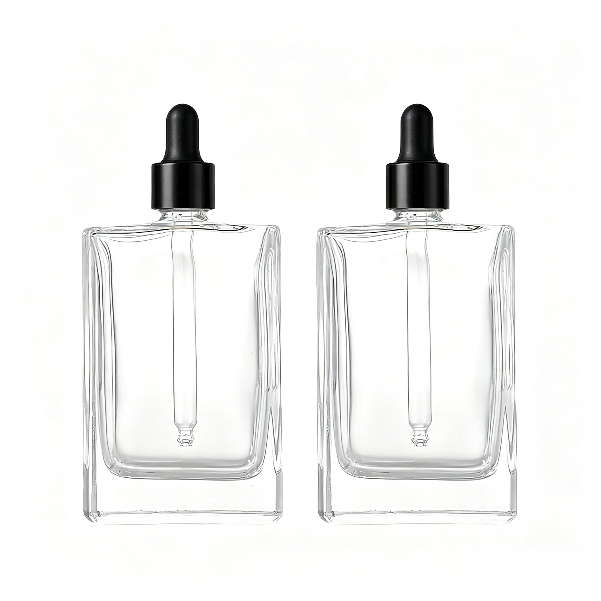 VASANA 2Pcs 50ml/1.7oz Empty Clear Square Glass Dropper Bottles with Black Eye Dropper Refillable Essential Oils Bottles Perfume