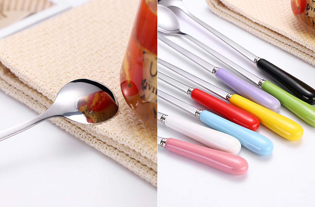 Goeielewe Set Of 8 Dinner Spoons, Stainless Steel Iced Teaspoon With Ceramic Handle Soup Tablespoons Espresso Candy-Colored Coff