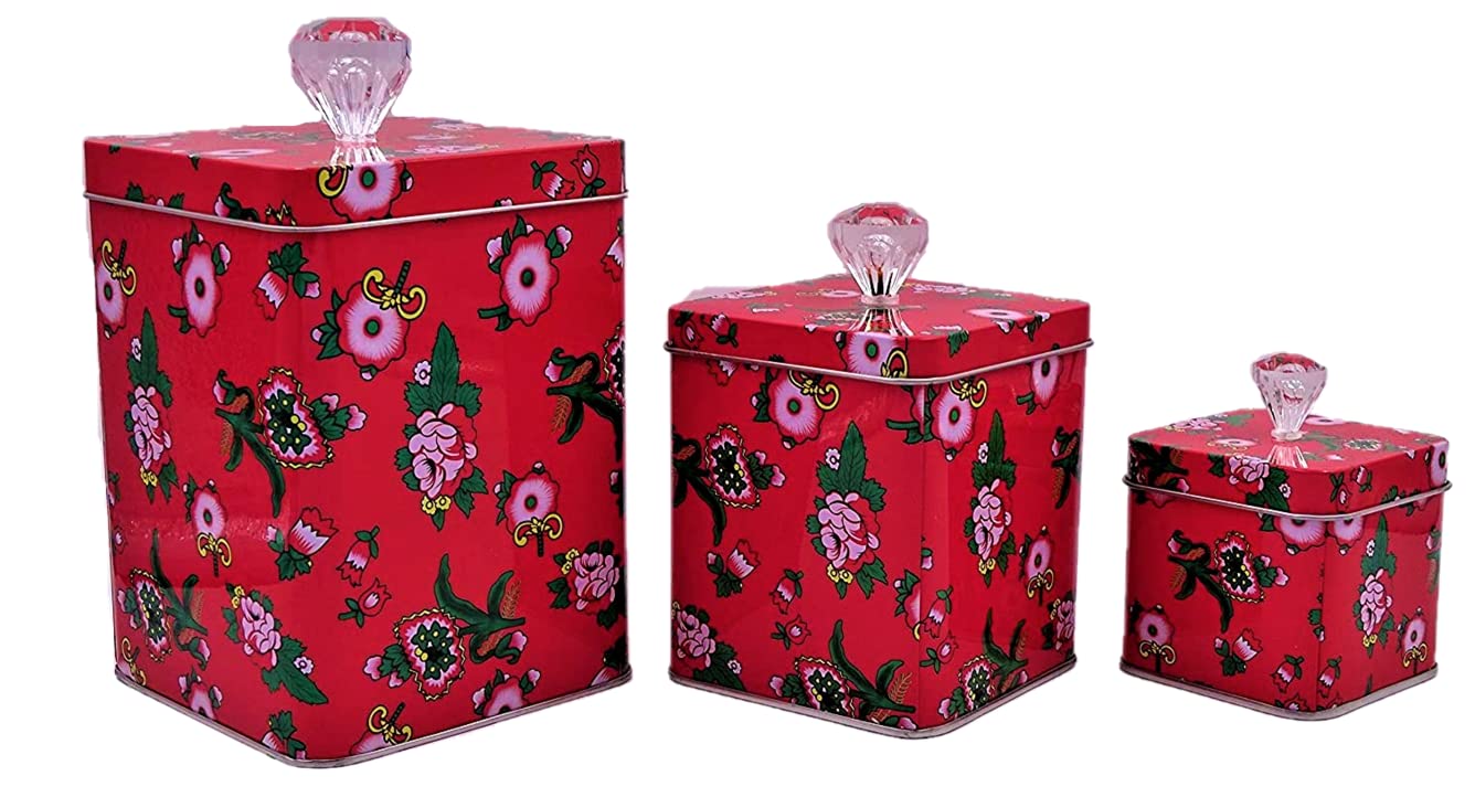 Hadaaya Square Red Tin Can Empty Cube Steel Box Storage Container With Crystal Knob For Powder Treats, Gifts, Favors, Loose Tea,