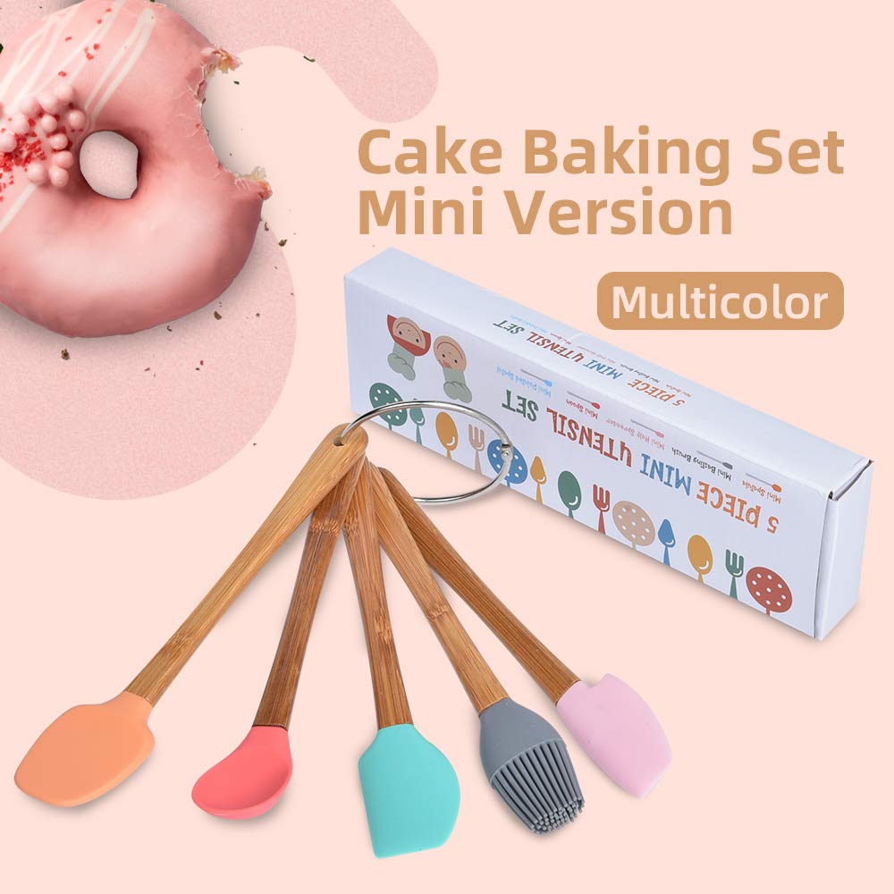 5 Piece Silicone Spatula,Mini Rubber Spatula Wooden Handle,Heat Resistant Silicone Spatula Set,Kitchen Utensils Non-Stick For Ba