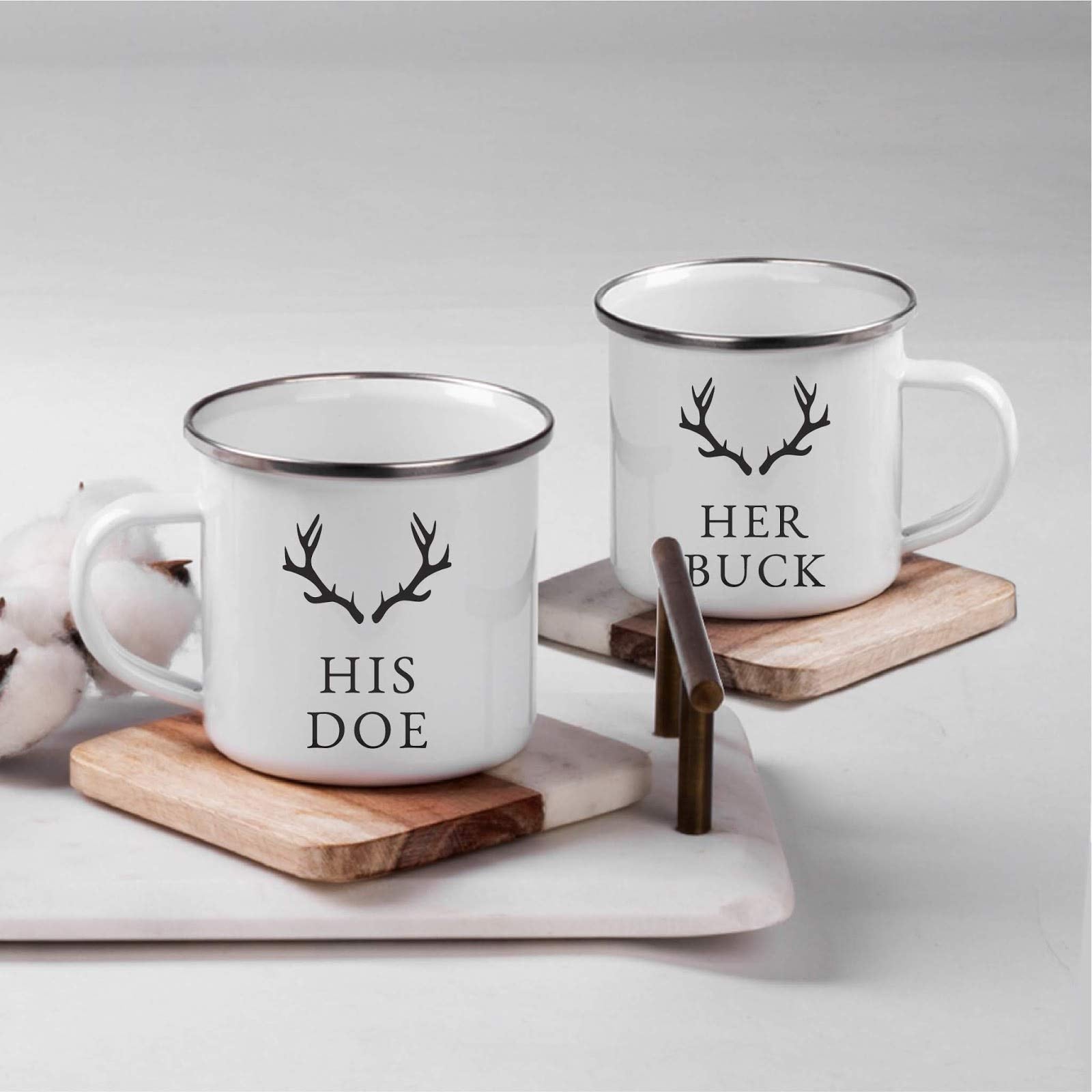 Andaz Press Stainless Steel Campfire Coffee Mugs Gift Set, His Doe, Her Buck, Deer Antlers Graphic, 2-Pack, Woodland Couple Chri