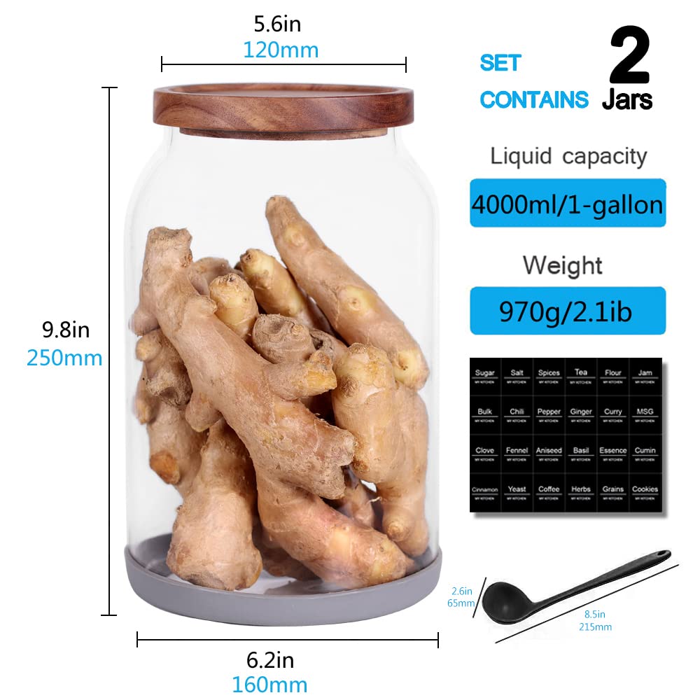 Saiool 1 Gallon Glass Jar With Wooden Acacia Airtight Lid,Large Glass Storage Jar Set Of 2, Bpa-Free Cereal Dispenser Jars For F