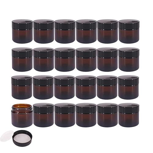 BPFY 24 Pack 2 oz Round Amber Glass Cosmetic Jars with Inner Liners and Black Lids  Travel Jars  Refillable Containers for Makeup  Cream  Lotion  Sugar Scrubs  Eye Shadow  Slime  Paint  Jewelry