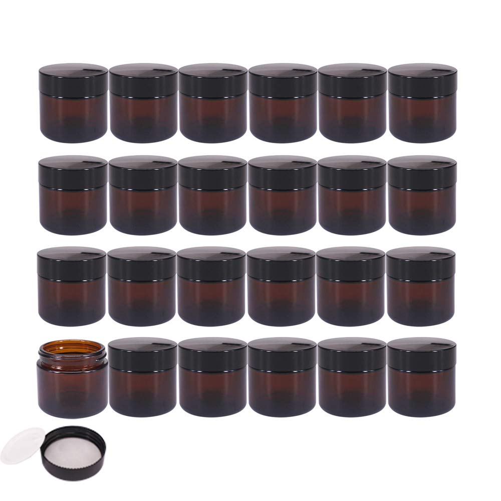 Bpfy 24 Pack 2 Oz Round Amber Glass Cosmetic Jars With Inner Liners And Black Lids, Travel Jars, Refillable Containers For Makeu