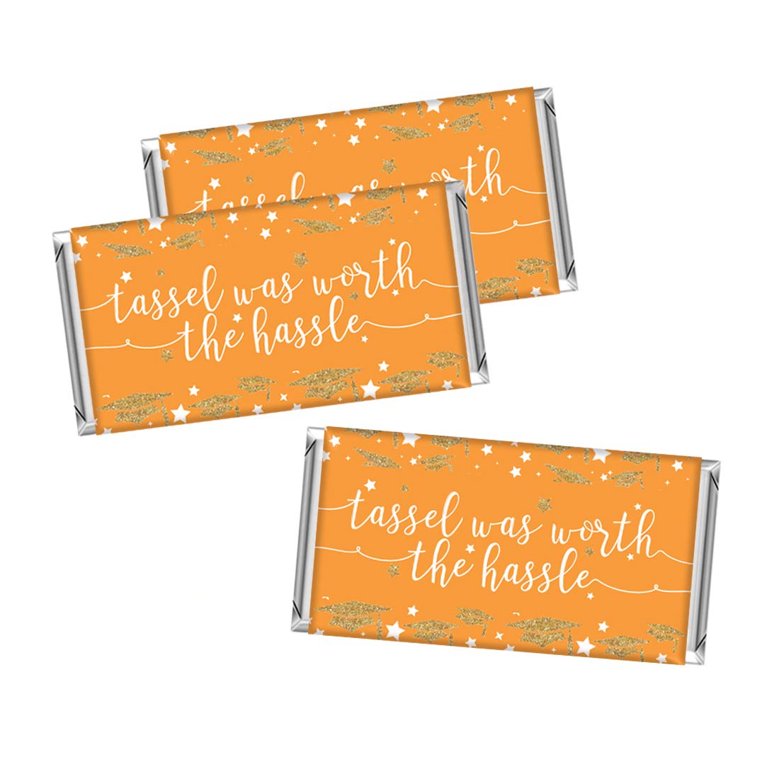 Andaz Press Orange And Gold Glittering Graduation Party Collection, Chocolate Bar Labels, Congrats Grad, Tassel Was Worth The Ha