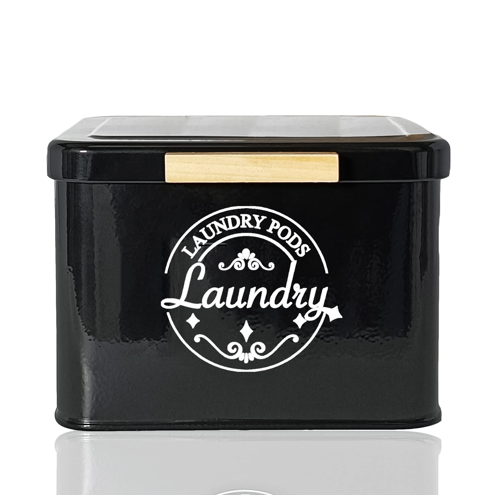 Laundry Pods Container With Hinged Lid. Modern Laundry Room Organization And Storage. Farmhouse Metal Laundry Pods Holder For La