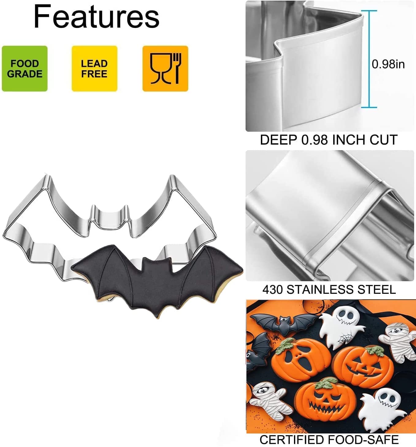 Halloween Cookie Cutters Set- 5 Pieces Stainless Steel Baking Cutter Molds Pumpkin, Ghost, Witch'S Hat, Bat, Cat Cookie Cutters