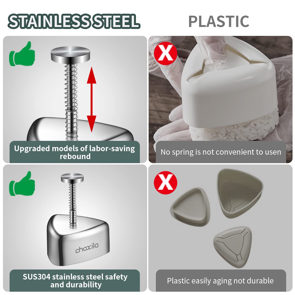 Choxila Onigiri Mold, Stainless Steel Rice Ball Mold Sushi Maker, Classic Triangle Spam Musubi Mold For Kids Lunch Bento And Hom