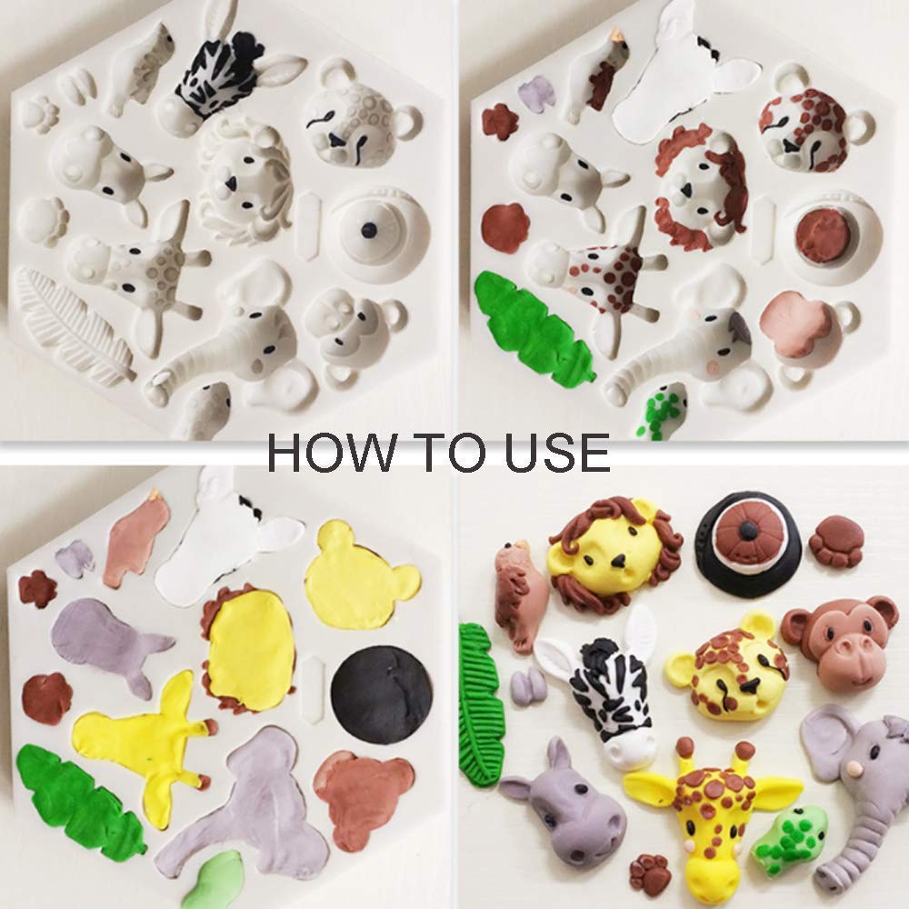 Fewo Jungle Safari Silicone Fondant Molds - Animal Cake Decor, 5 Designs (Elephant, Lion, Giraffe, Monkey, Zebra), White & Pink, Model fr-Ice mold-