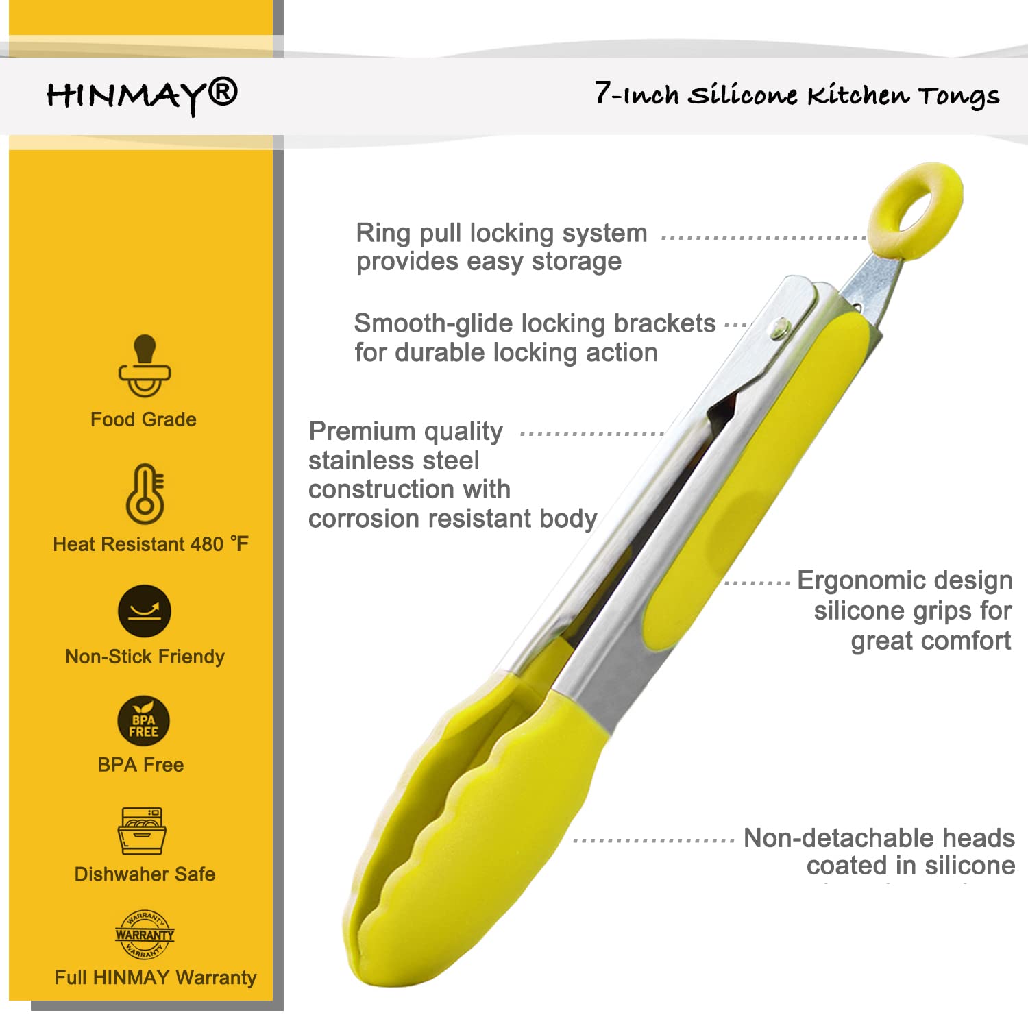 Hinmay Small Appetizer Tongs 7-Inch Silicone Tipped Kitchen Tongs, Set Of 3 (Yellow)