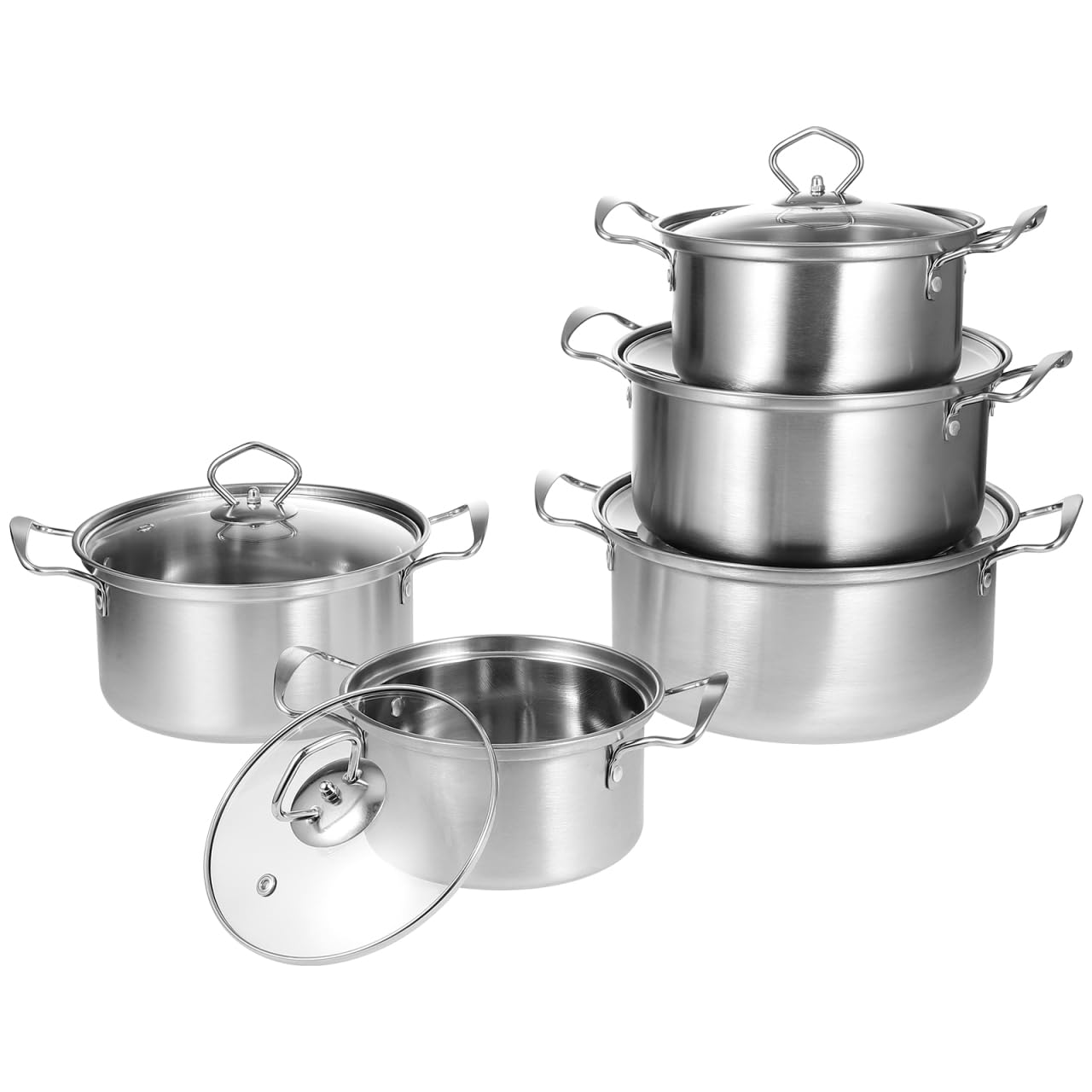Kichvoe 5 Sets Stainless Steel Stock Pots Set with Glass Lids  Induction Cookware for Kitchen Use  Double Handle Soup Pots