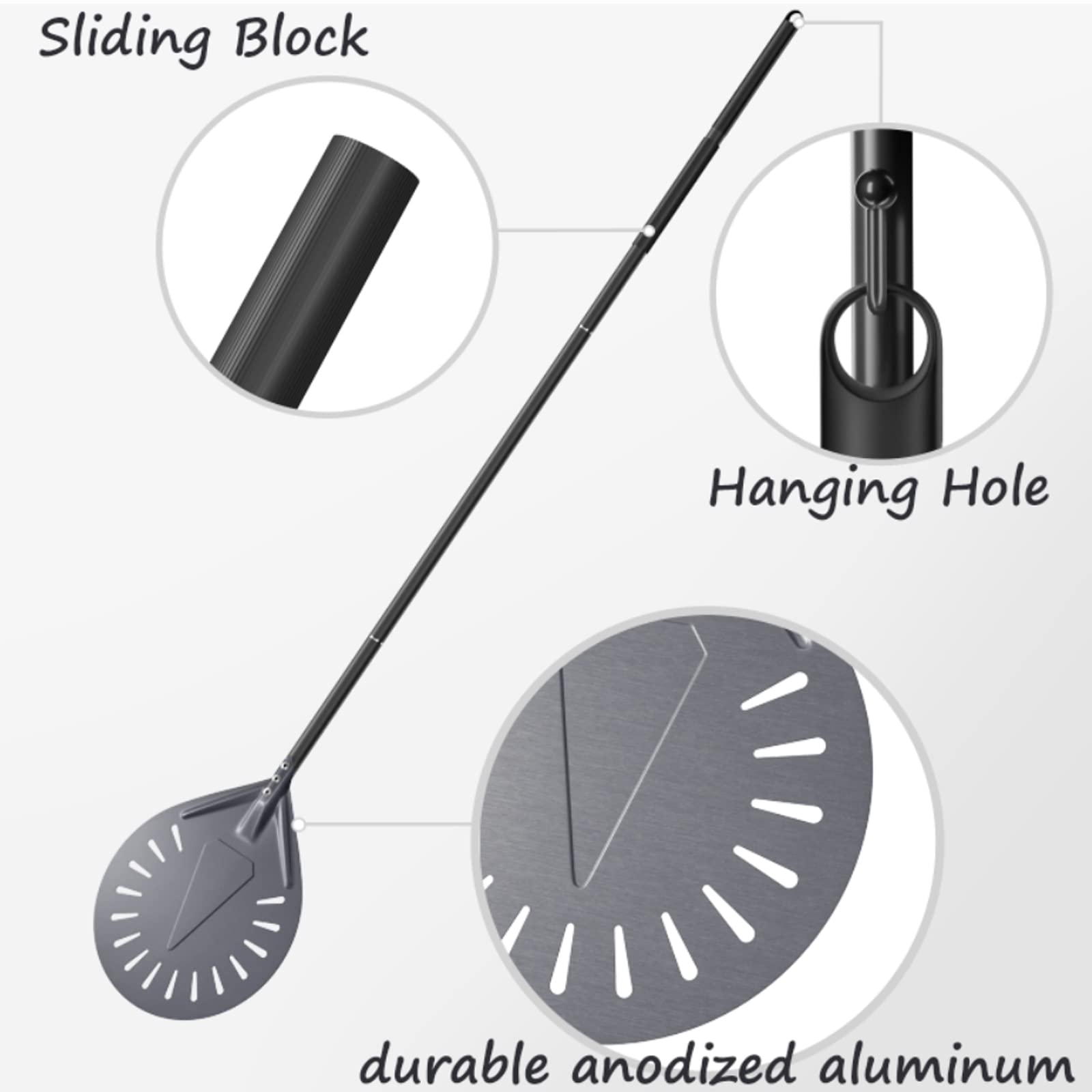 Nutuni Turning Pizza Peel, 9 Inch Aluminum Perforated Pizza Peel, Round Pizza Peel With 33 Or 48 Inch Long Handle, Outdoor Pizza
